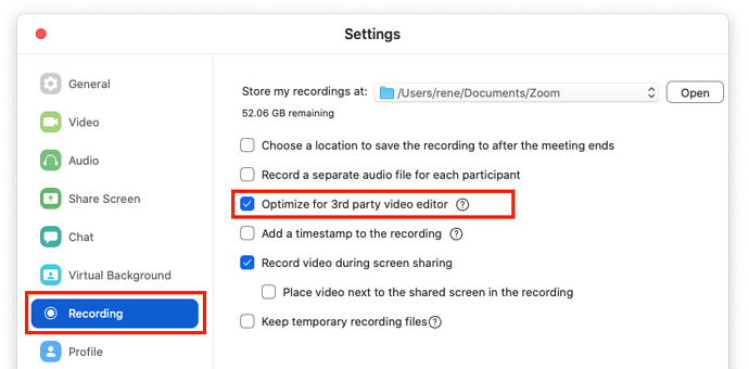 Zoom recording 3rd party editor checkbox